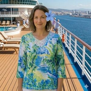 Alfred Dunner Tropical Scenic V-Neck Top with Lace Gemsl Sheer Print Bottom PXL